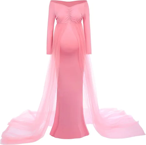 Miniatura 2 de Vestido de maternidad de manga larga con hombros descubiertos para mujer, vestido de tul para boda, sirena para sesión de fotos, baby shower