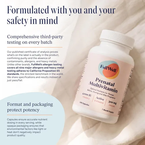 Miniatura 6 de FullWell Vitaminas Prenatales Colina, ácido fólico, Vitamina D para el crecimiento fetal, desarrollo cerebral 26+ nutrientes vitales