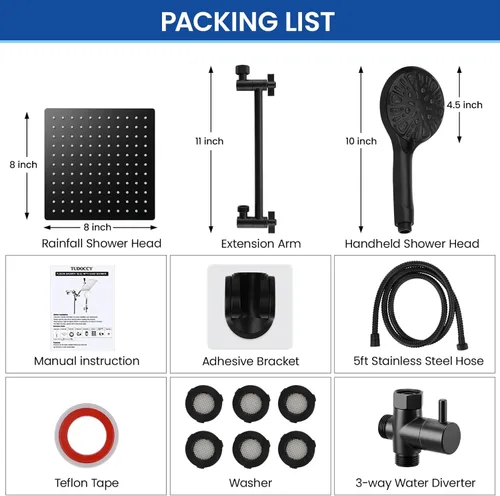 Miniatura 8 de Tudoccy Cabezal de ducha, cabezal de ducha de alta presión de 8 pulgadas, ducha de mano con brazo de extensión de 11 pulgadas, cabezal de ducha