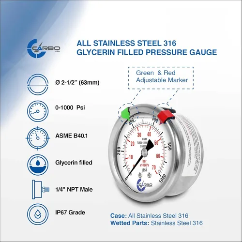 Miniatura 27 de Medidor de presión relleno de líquido de 300 PSI, dial de 2.5 pulgadas, montaje trasero 1/4 NPT, estuche 316 SS, 316 piezas mojadas SS, PSI/barra