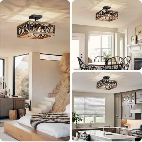 Miniatura 5 de XINGQI Moderna lámpara de techo semiempotrada de 4 luces de 13 pulgadas para sala de estar, comedor, dormitorio, grano de madera antigua+acabado
