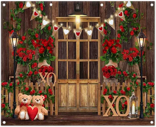 Miniatura 8 de Telón de fondo de fotografía de poliéster para el día de San Valentín, 7 x 5 pies, diseño de rosa roja, fondo de madera, corazón, oso, amor