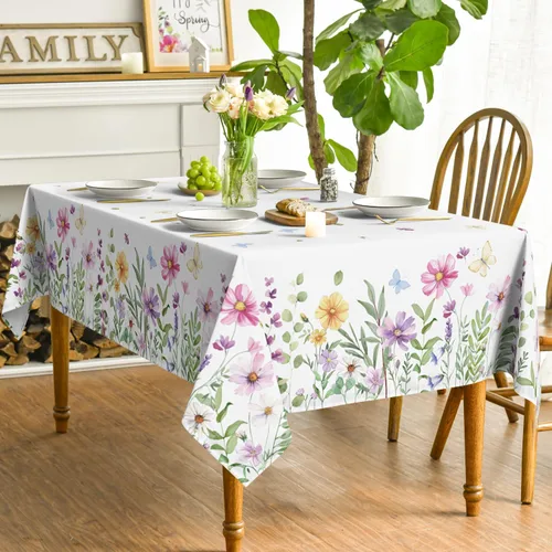 Miniatura 3 de Horaldaily Mantel de primavera de 52 x 70 pulgadas, diseño de flores silvestres y mariposas florales, lavable, para decoración de fiestas, picnic