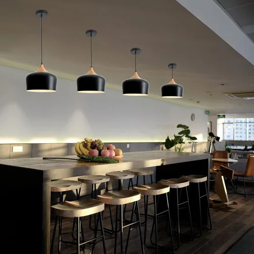 Miniatura 5 de Lámpara colgante industrial negra de 11.8 pulgadas, iluminación colgante de techo ajustable de madera con pantalla de metal en forma de cúpula