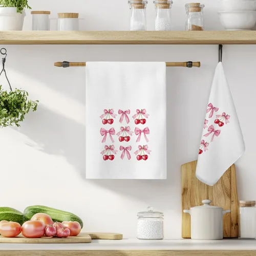 Miniatura 2 de Coquette - Toallas de cocina de cereza con lazo rosa, toallas de mano de cereza femenina para decoración de baño, bonitos paños de cocina estéticos