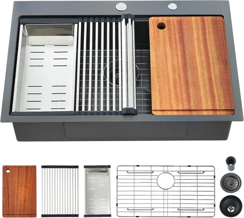 Miniatura 9 de Fregadero de cocina con plato individual con tabla de cortar, 30 x 22 x 10 pulgadas, color negro plomizo, acero inoxidable calibre 16 Negro