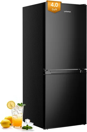 Upstreman Mini refrigerador de 4.0 pies cúbicos con congelador inferior, refrigerador pequeño de doble puerta, refrigerador pequeño de gran Negro