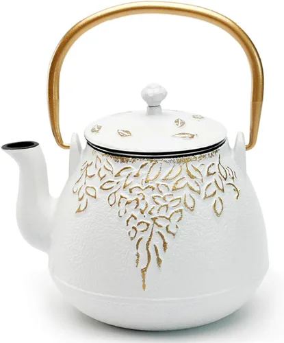 Tetera, tetera japonesa de hierro fundido TOPTIER con infusor para hojas sueltas y bolsitas de té, tetera de hierro fundido segura para estufa Blanco