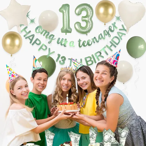 Miniatura 4 de Guirnalda de globos de aluminio con texto en inglés «Omg Ur A Teenager, Happy 13th Birthday» de color verde salvia, decoración oficial de 13