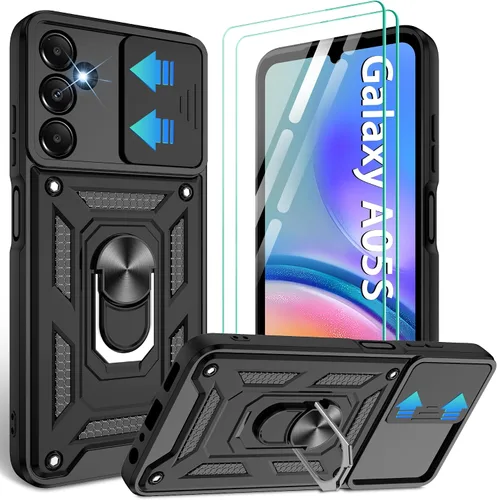 Gritup Funda para Samsung Galaxy A05s-4G con Protector de Pantalla [2 Piezas] con Cubierta Deslizante para Cámara, Soporte Tipo Atril de Anillo de