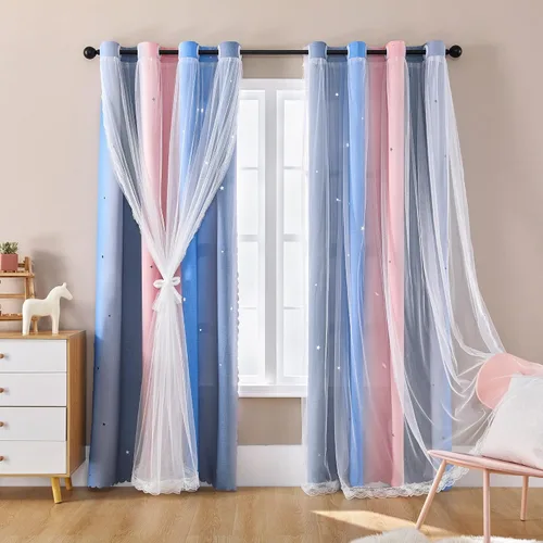 Miniatura 47 de XiDi Cortinas opacas con estrellas para habitaciones de niños, cortinas verdes para ventana de dormitorio de niños, azul y gris, 52 pulgadas de Azul