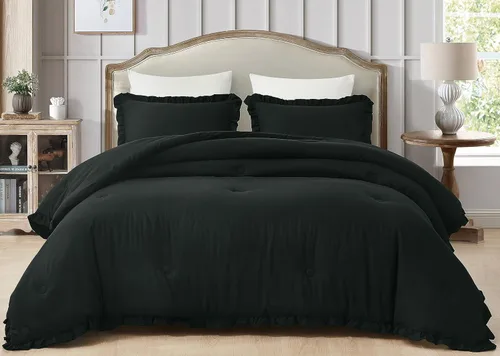 Miniatura 2 de Chezmoi Collection Nora - Juego de edredón negro tamaño King de 3 piezas, esponjoso, suave, lavado a la piedra, con volantes, ropa de cama Shabby