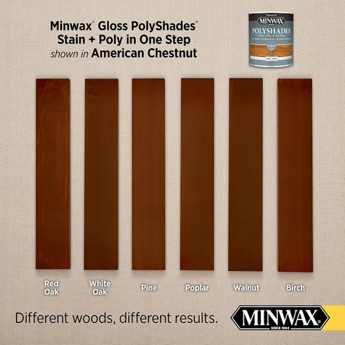 Miniatura 2 de Minwax Tinte para madera PolyShades + acabado de poliuretano, ½ pinta, castaño americano, brillo American Chestnut