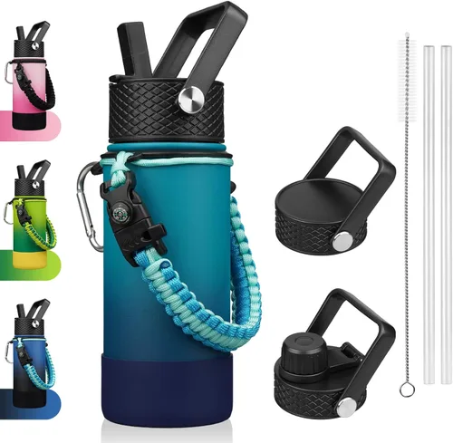 Miniatura 51 de BJPKPK - Botella de agua con tapa de popote, botellas de agua aisladas de 18 onzas con 3 tapas, asa de cuerda de paracaídas y base antideslizante