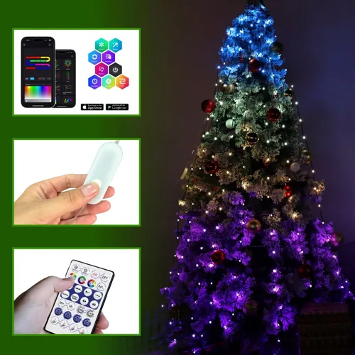 Miniatura 9 de Guirnalda de luces para árbol de Navidad, 200 LED, 6.6 pies x 10 líneas, luces de cascada con control remoto y aplicación, sincronización de música