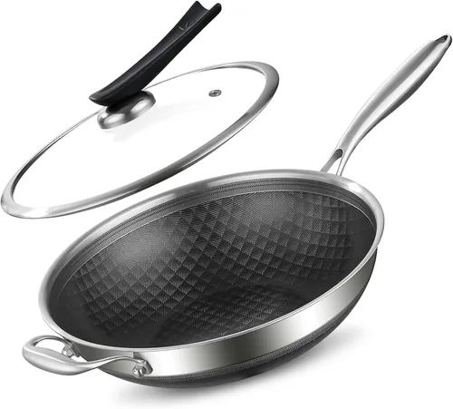 Miniatura 9 de DELARLO Wok con Tapa de 12 Pulgadas Wok Antiadherente, Apto para Horno Hasta 600℉, Woks y Sartenes para Freír Antiadherentes, Wok de Acero