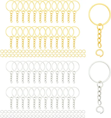 Miniatura 6 de 100 juegos de llaveros de 1 pulgada, llavero redondo dividido dorado con cadena y anillos de salto abiertos para hacer llaveros de bricolaje