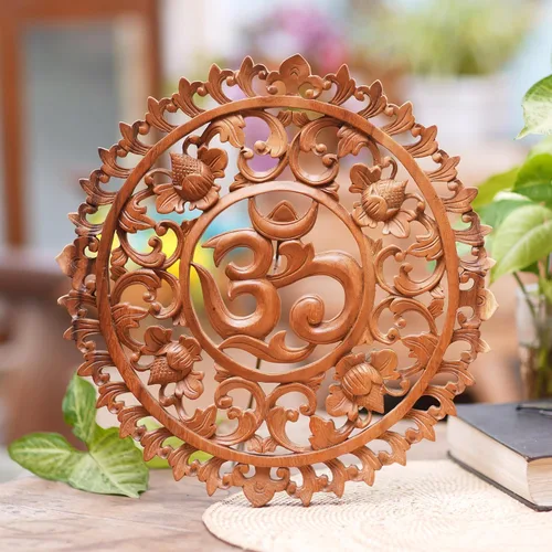Miniatura 2 de NOVICA Panel de relieve de madera Om Corona floral hecho a mano