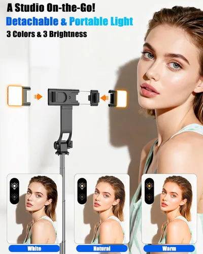 Miniatura 3 de Palo de Selfie de 40" con Luz y Control Remoto Inalámbrico, Soporte de Trípode Portátil para Teléfono para iPhone y Android, Palo de Selfie Ligero