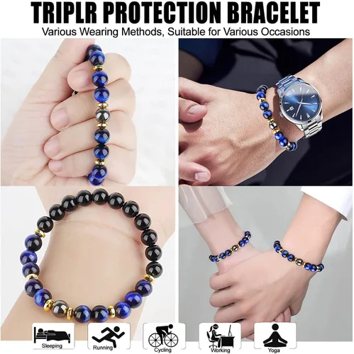 Miniatura 6 de Pulsera de triple protección de buena suerte, para hombres y mujeres, ojo de tigre azul, obsidiana negra, hematita, riqueza, prosperidad, felicidad