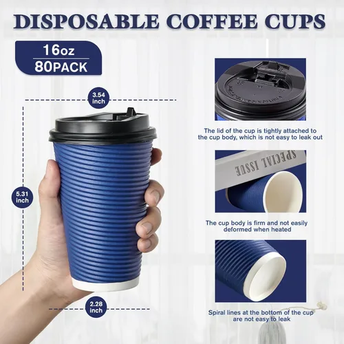 Miniatura 2 de LITOPAK Paquete de 80 vasos de papel desechables de 16 onzas con aislamiento de pared ondulada, tazas de café de papel caliente aisladas de tres