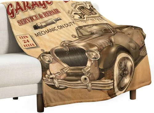Miniatura 22 de Manta de motocicleta antigua, rústica y clásica, con temática de auto clásico, ruta de EE. UU., 66, patrón impreso, manta de franela súper suave