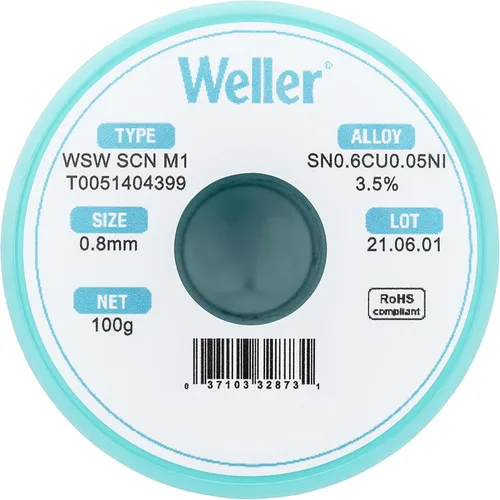 Miniatura 2 de Weller WSW SCN M1 (T0051404399) Alambre de soldadura sin plomo, diámetro: 0.8 mm / 0.039 in, peso: 100 g / 3.527 oz, aleación Sn99.3Cu0.6Ni0.05