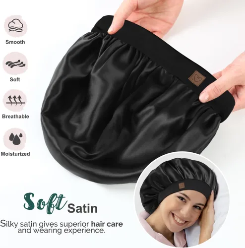 Miniatura 4 de Hat Hut Gorro de satén de seda para dormir para mujer, gorro de pelo para cabello rizado, banda ancha ajustable, doble capa