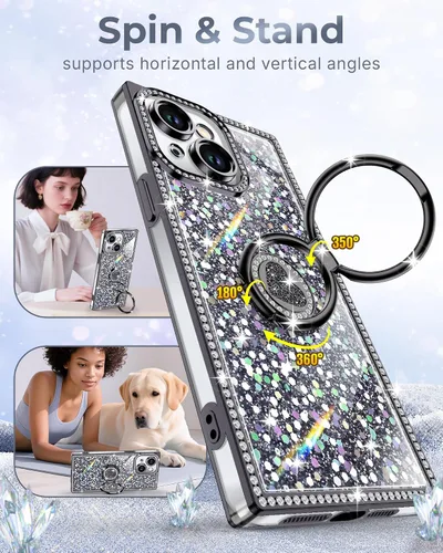 Miniatura 3 de XYZ Funda para iPhone 13, con purpurina brillante con soporte de corazón de 2 anillos y cordón, funda protectora a prueba de golpes con diamantes