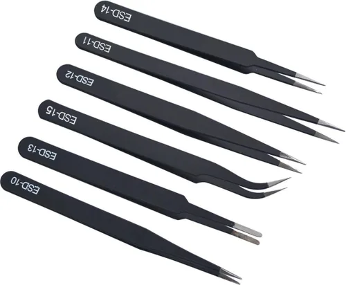 AKOAK Juego de 6 pinzas ESD antiestáticas, pinzas de acero inoxidable para extensión de pestañas, electrónica, fabricación de joyas, pinzas de punta