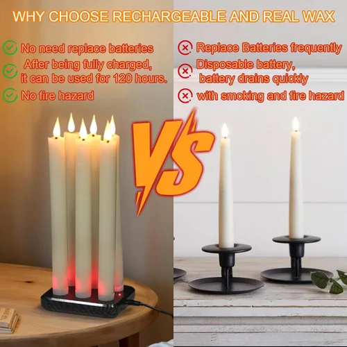 Miniatura 4 de GenSwin Velas cónicas recargables sin llama con base de carga, paquete de 6 velas LED que funcionan con batería con control remoto y temporizador