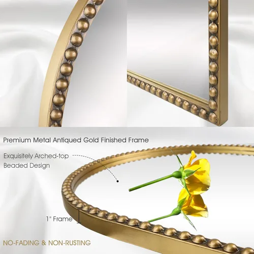 Miniatura 4 de Espejo de pared arqueado para baño, 24 x 36 pulgadas, marco de cuentas de metal, espejo decorativo, grande, moderno, rústico, envejecido, decoración