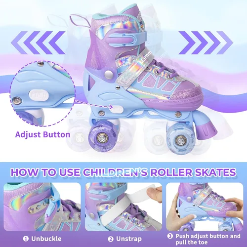 Miniatura 4 de MammyGol Roller Skates for Kids Boys Girls, Adjustable Quad Skates with Light Up Wheels for Toddler Little Kids Ages 6-12, Beginners Outdoor Sports