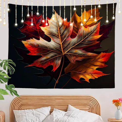 Miniatura 2 de Shrahala Tapiz de pared de hojas de arce otoñal, hojas rojas llameantes, fondo negro, tapiz grande para colgar en la pared, tapiz decorativo