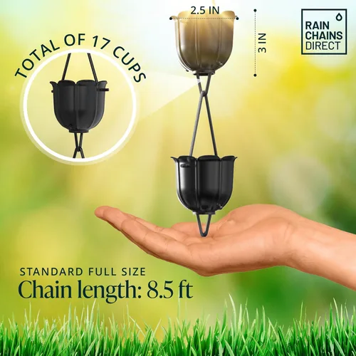 Miniatura 2 de Rain Chains Direct - Cadena de lluvia con canalones - 8.5 pies - Aluminio duradero con recubrimiento en polvo negro - Cadenas de lluvia premium