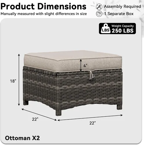 Miniatura 3 de Juego de 2 otomanas para patio, 22 x 22 x 18 pulgadas, reposapiés de mimbre para exteriores con cojín, beige, para jardín, patio trasero, cubierta