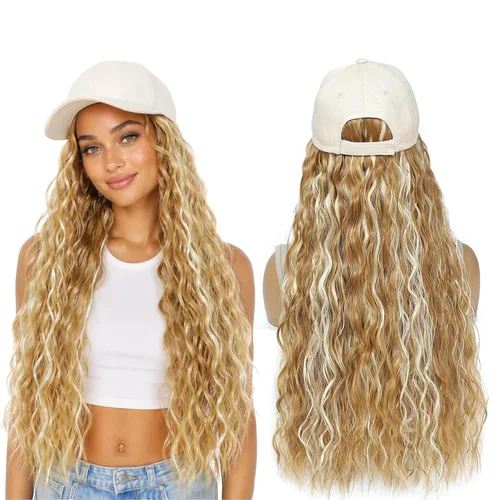 Miniatura 21 de Gorra de béisbol con peluca y extensiones de cabello, con piezas de cabello sintético marrón resistente al calor unidas, para mujeres y niñas