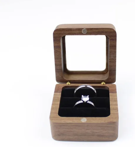 Miniatura 2 de Caja de anillos de madera cuadrada rústica con tapa transparente, para parejas, caja de compromiso, boda, dos ranuras, terciopelo negro