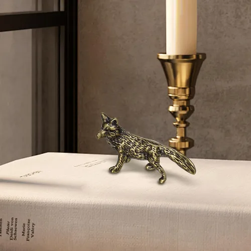 Miniatura 7 de Mini figura de zorro de latón pequeño, figura de zorro dorado de latón macizo para estante de escritorio, decoración del hogar, escultura pesada