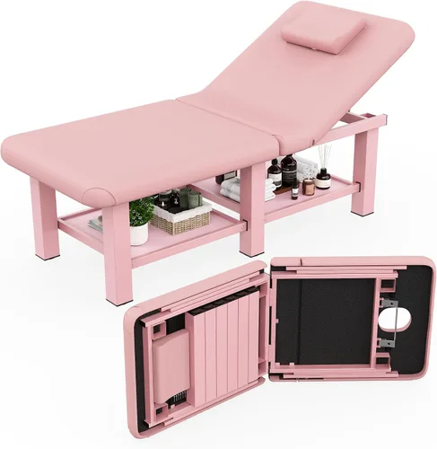 Miniatura 14 de Mesa de masaje estacionaria plegable con respaldo y espacio de almacenamiento, 6 patas cuadradas con marco de metal de piel sintética, 30.5 pulgadas