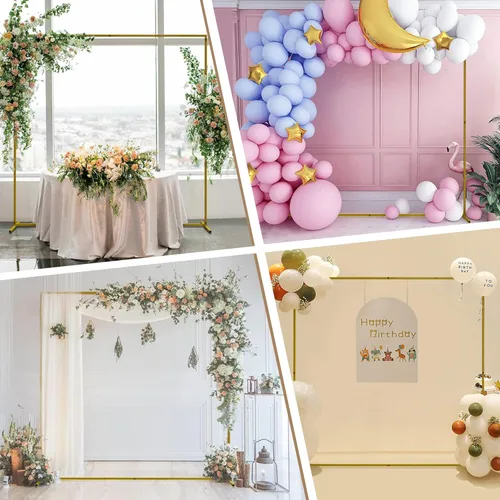 Miniatura 6 de Wokceer Soporte de Arco de Telón de Fondo para Boda Cuadrado 6.6 pies x 6.6 pies Soporte de Arco de Globos de Metal Dorado Pérgola de Jardín Marco