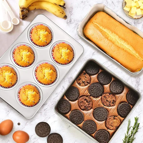 Miniatura 4 de E-far Juego de 9 moldes para hornear de acero inoxidable, juego de 9 piezas para panecillos de galletas, incluye bandeja redonda y cuadrada