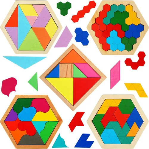 Miniatura 7 de Paquete de 5 rompecabezas de madera Tangram para niños, rompecabezas hexagonal de madera, bloques de rompecabezas con formas geométricas