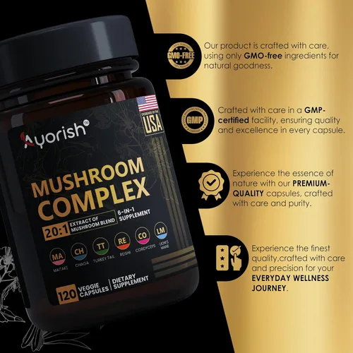 Miniatura 7 de Suplemento de hongo 6 en 1 de melena de león con cola de pavo Reishi Cordyceps Chaga Maitake Meshima Poria Cocos Shiitake Oyster Porcini Enoki 120