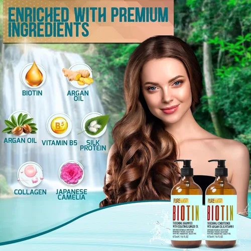 Miniatura 6 de Set de champú y acondicionador de biotina - Fórmula que aumenta el volumen para hombres y mujeres para ayudar con el cabello que se adelgaza - Sin