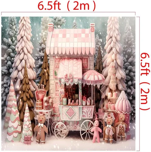 Miniatura 2 de Kate Telón de fondo de Navidad rosa nevado de 6.5 x 6.5 pies para carro de tienda de árbol de Navidad, hombre de jengibre, fondo de tela impresa