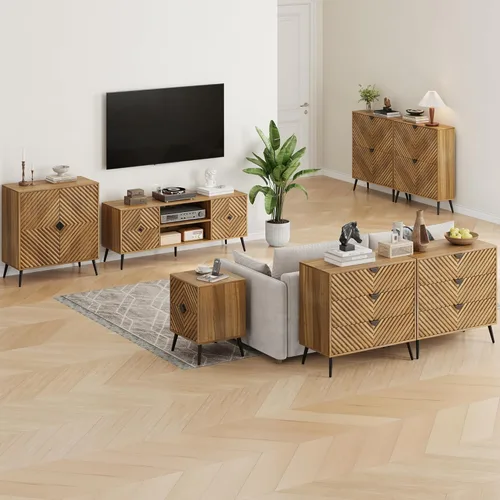 Miniatura 7 de Aparador con estante ajustable, buffet pequeño de nogal independiente con almacenamiento, gabinete de consola de madera con puertas de parquetería