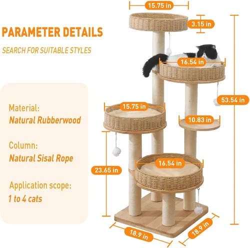 Miniatura 6 de Árbol moderno para gatos de interior para adultos, torre grande para gatos de 54 pulgadas de alto con poste rascador, árbol de madera para gatos