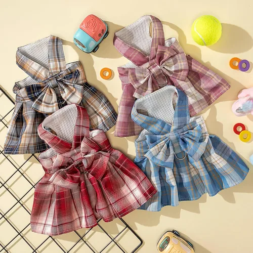 Miniatura 4 de Potchen Juego de 4 piezas de bonito vestido a cuadros para perro con arnés de lazo y correa para perros pequeños, ropa de cachorro para niñas