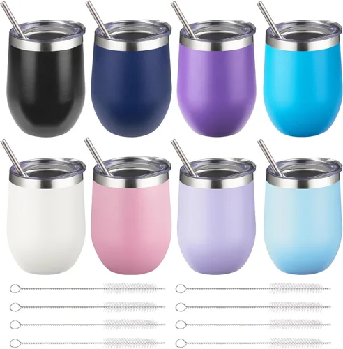 Miniatura 33 de Vaso de vino aislado de 12 onzas con tapa y pajita, vaso de vino de acero inoxidable sin tallo de doble pared, vaso de vino al vacío a granel